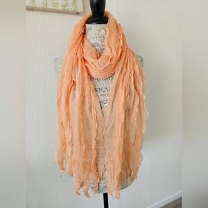 Italca Crepe Silk Ruffled Peach Long Neck Scarf Made In Italy